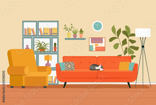 Living room interior. Comfortable sofa,  bookcase, chair and house plants. Vector flat illustration photo