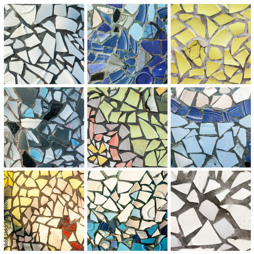 Set of background of colorful mosaic wall decorative ornament from ceramic broken tile. Full size.