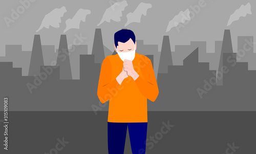 Environmental problem, concept-masked man in a polluted city, air pollution from factories in the city, vector illustration