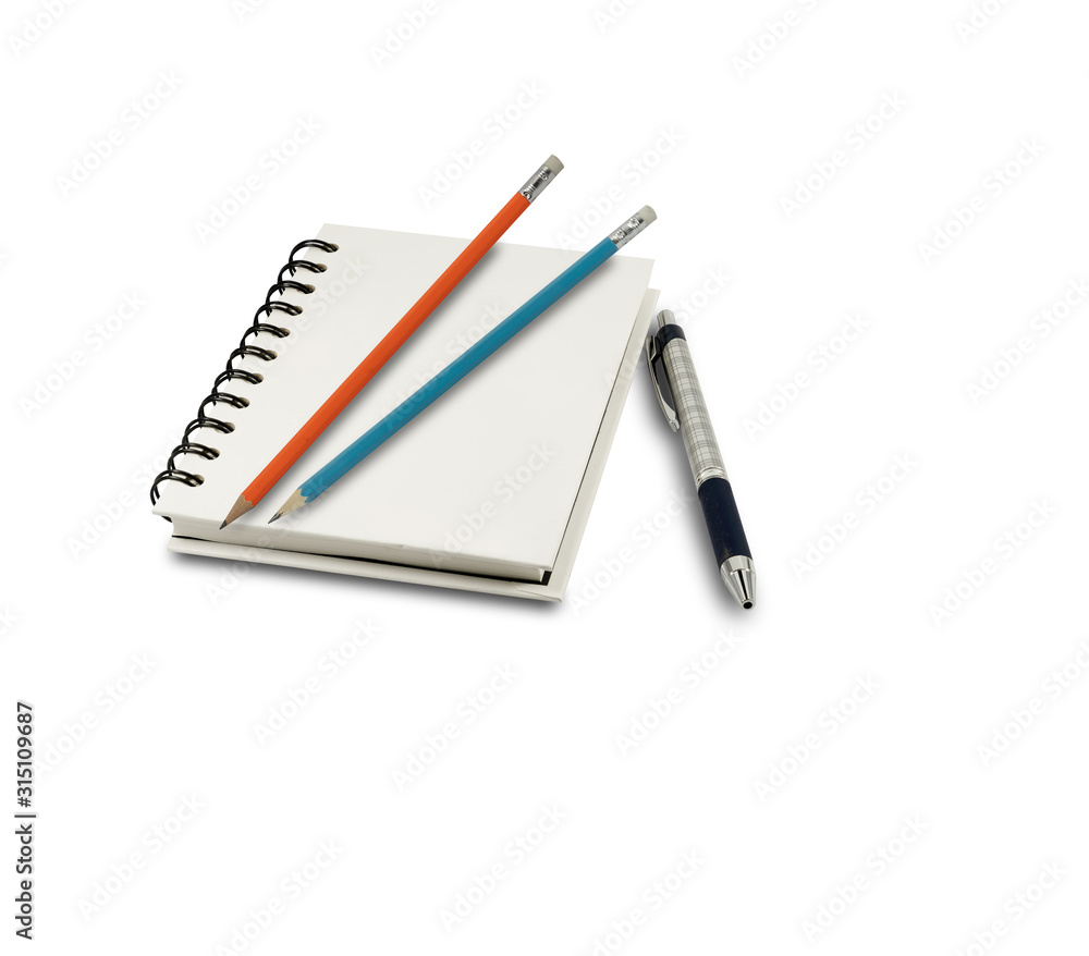 Blank notebook with pen and pencil isolated on white background. Blank notebook with pen and pencil isolated on white background.