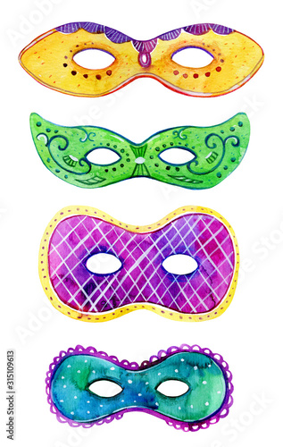 Set of colorful masks. Hand drawn watercolor sketch illustration