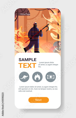 brave firefighter holding scrap extinguishing dangerous wildfire fighting bush fire firefighting natural disaster concept intense orange flames smartphone screen mobile app copy space vertical vector