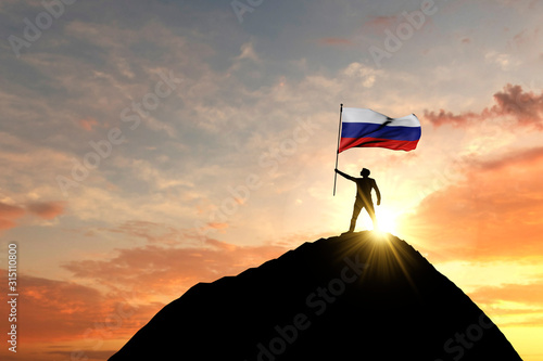 Russian flag being waved at the top of a mountain summit. 3D Rendering