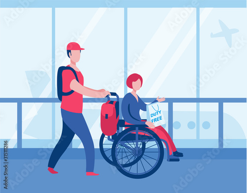 A man and a woman in a wheelchair are boarding a plane. Vector illustration on the theme of the journey of persons with disabilities.