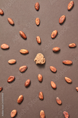 Symmertical cocoa beans set with cocoa mass.