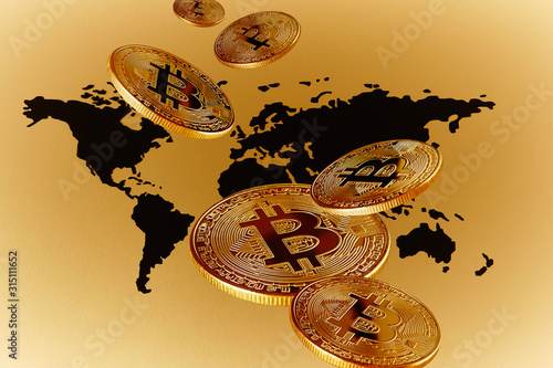 Golden Bitcoins over global map