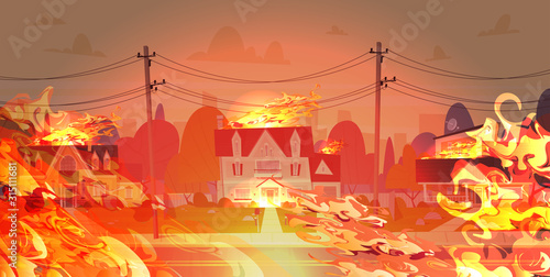 dangerous wildfire on street with burning civil houses fire development global warming natural disaster concept intense orange flames horizontal vector illustration