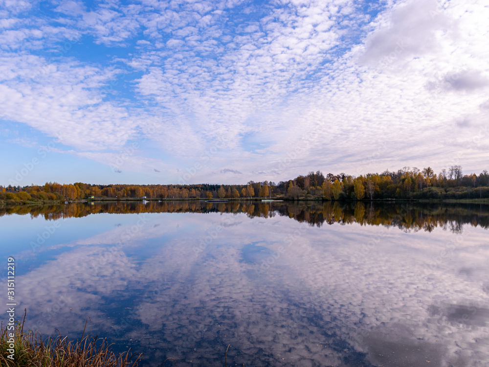 Obraz premium landscape with trees and clouds reflecting in calm water