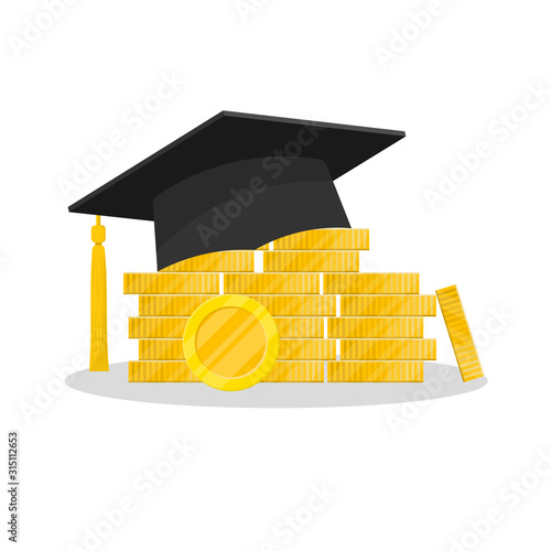 Education loan. Graduation hat and stack of coins.