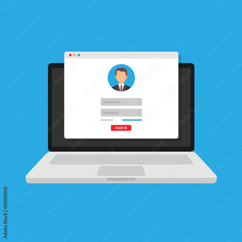 login form, the login page opens in a web browser window on the laptop screen. login form, the login page opens in a web browser window on the laptop screen.