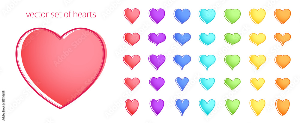Colorful set of hearts. Abstract symbols of love, passion and health. Vector icons of a   different shapes. Rainbow palette. Red, purple, blue and other spectrum tints. Elements   for Valentine's Day