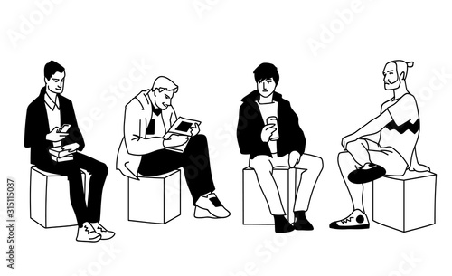 Men in different poses. Monochrome vector illustration of set of young and adult men sitting in simple line art style. Front view, side view. Hand drawn sketch isolated on white background.
