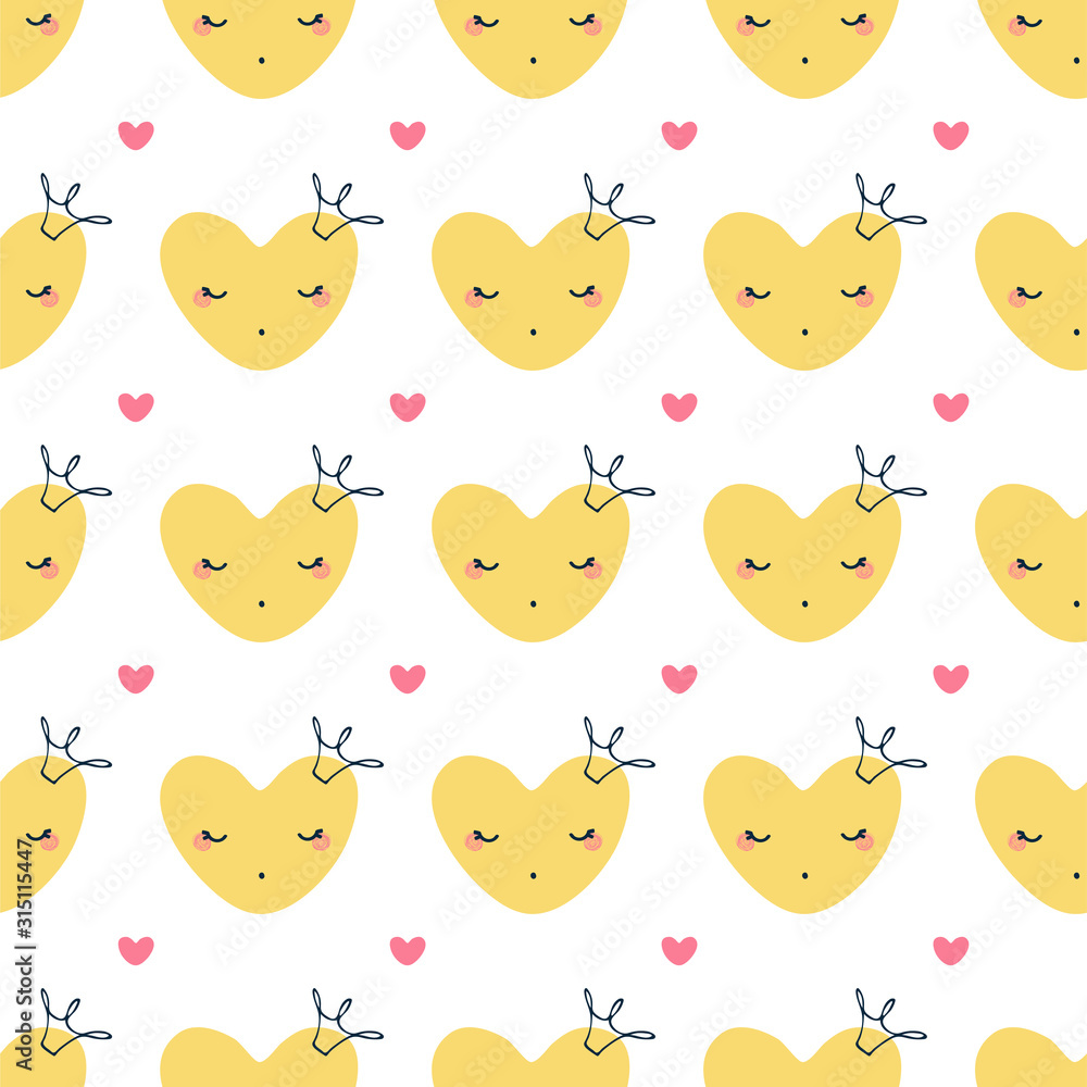 Seamless pattern with cute yellow and pink hearts in a crown for Valentine's day in a flat style on a white background. Illustration for fabric design, packaging paper, textile. Vector Seamless pattern with cute yellow and pink hearts in a crown for Valentine's day in a flat style on a white background. Illustration for fabric design, packaging paper, textile. Vector
