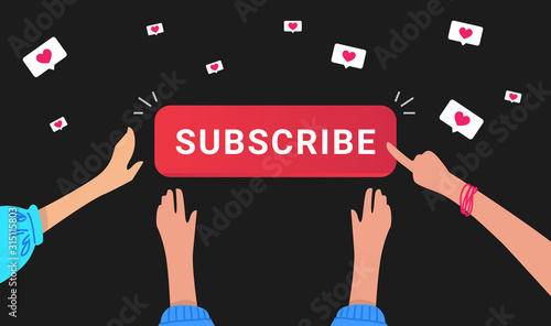 Flat vector illustration of human hands pushing the social media button subscribe
