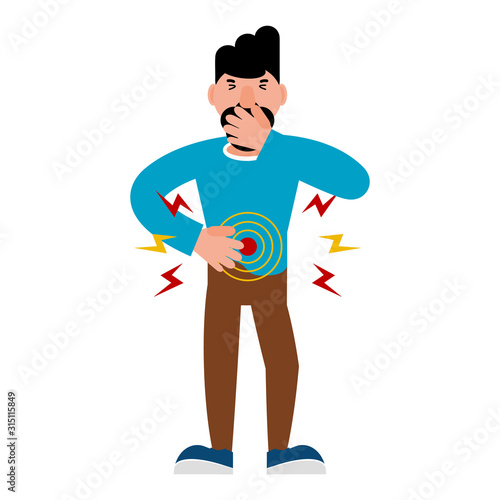 Stomach ache vector illustration. Male cartoon character with abdominal pain. Diarrhea, stomach sickness or other health problems.
