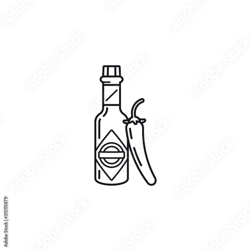 Hot Sauce bottle and chili pepper vector line icon