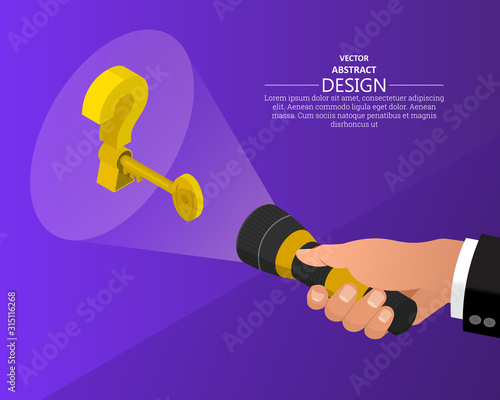 Businessman's hand holds a turned-on flashlight