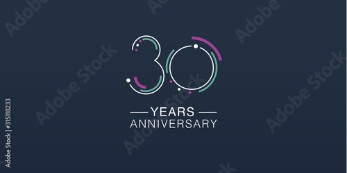 30 years anniversary vector icon, logo. Neon graphic number ation