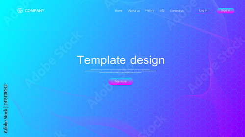 Landing page tech background with colorful dynamic waves and hexagonal boxes. Geometric abstract background with lines and dots, cube cell. Website template design. Vector illustration.