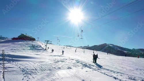 Uludag mountain winter chair lift aerial drone view