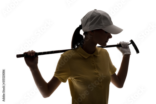 Silhouette of beautiful female golfer isolated on white