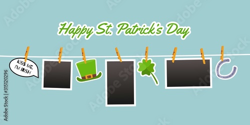 Photo hanging on the rope pinned with clothespins. Stickers for St. Patrick Day. Cute symbols: clover leaf, green hat, horseshoe, speech bubble with quote Kiss me, I am Irish. Vector cartoon
