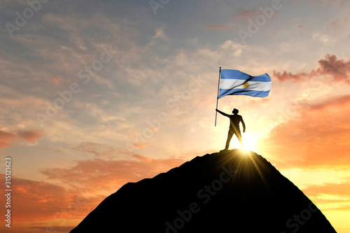 Argentina flag being waved at the top of a mountain summit. 3D Rendering photo