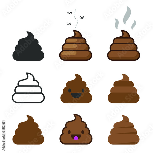Bunch of brown shit icon set. vector image. Stinky Dog Poop logo symbol sign collection. Cartoon style poo. Vector illustration image. Isolated on white background.