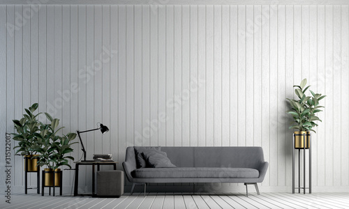Minimal interior design of white living room and wood wall pattern background 