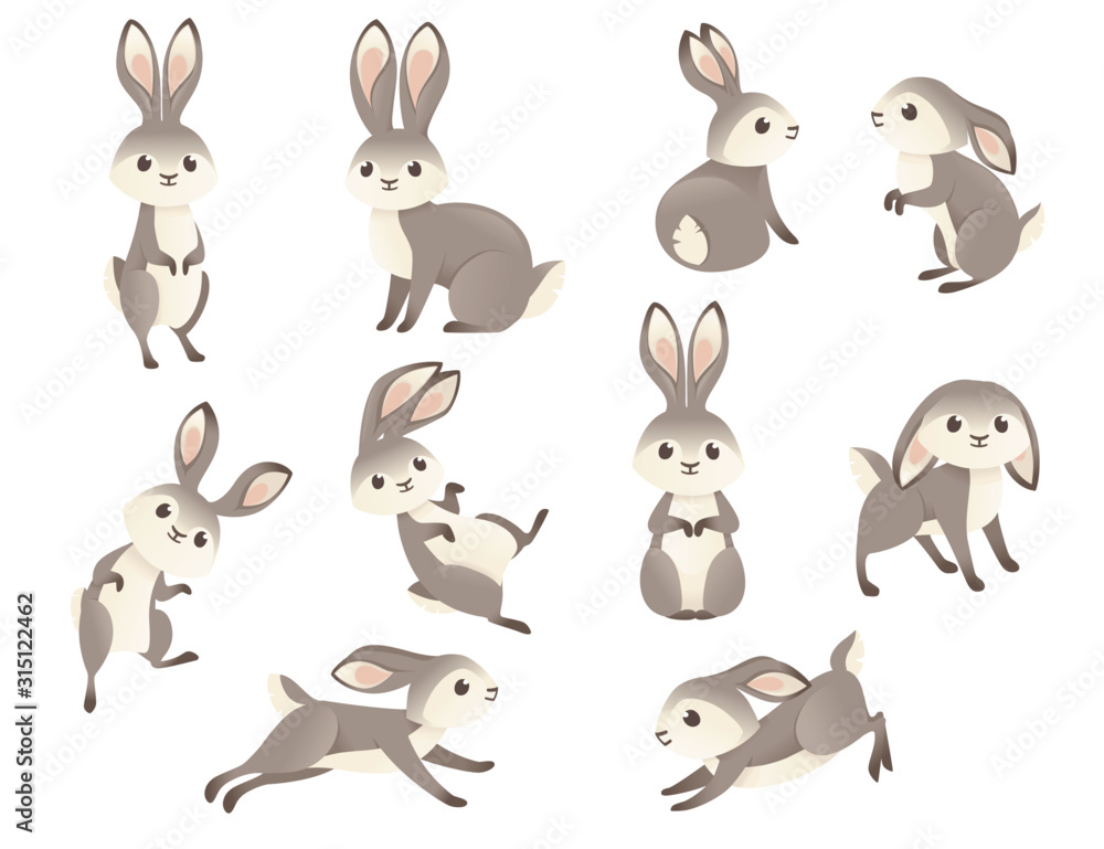 Set of cute grey rabbit sitting on ground and running cartoon animal design  flat vector illustration isolated on white background Stock Vector | Adobe  Stock