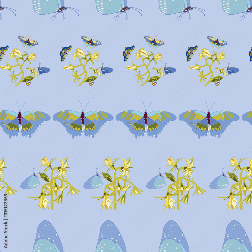 Realistic geometric butterfly tomato garden repeat pattern with tomato blossom, branch, ladybug. Beautiful summer design for garden lovers. Wildlife background. Print, fabric and stationary.