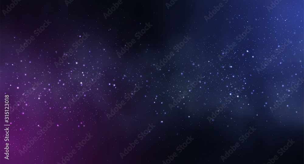 Vector illustration of Cosmos Space background with starry sky, star massive in deep cosmos in blue and black colors. Abstract futuristic, technology, astrology background. Deep space background