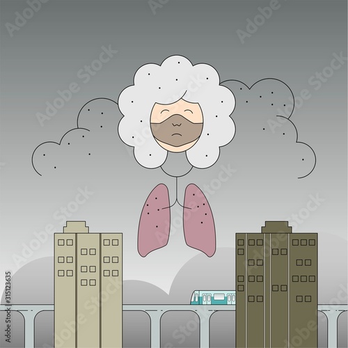 Air pollution in big city affect human health. Vector illustration outline flat design style.