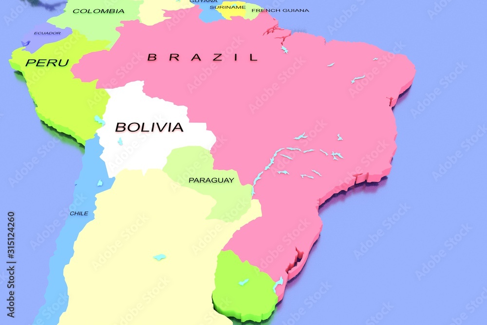 Three dimensional rendered map of South America