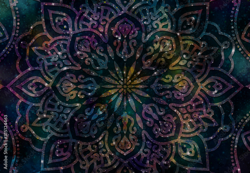 Abstract mandala graphic design and watercolor digital art painting for ancient geometric concept background Abstract mandala graphic design and watercolor digital art painting for ancient geometric concept background