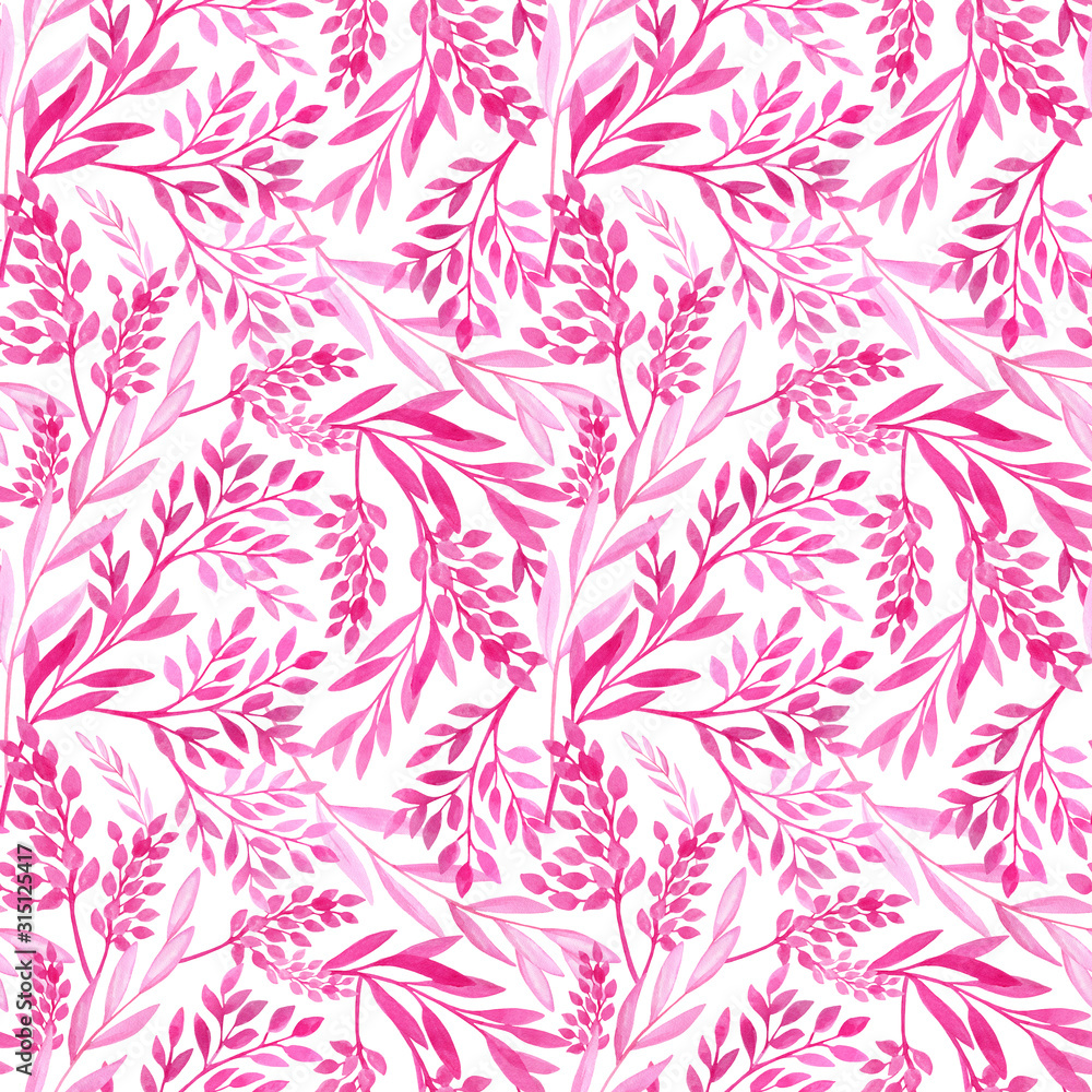 Watercolor pink leaves and tree branches seamless pattern. Hand drawn plants isolated on white background. Romantic texture for cards, wrapping, decoration. Watercolor pink leaves and tree branches seamless pattern. Hand drawn plants isolated on white background. Romantic texture for cards, wrapping, decoration.