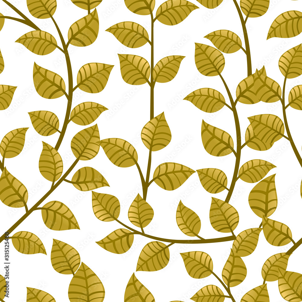 Seamless pattern of green autumn leaves on branches flat vector illustration on white background