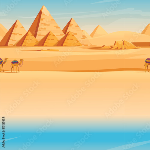 Giza Egyptian Pyramids desert landscape with camels flat vector illustration horizontal image