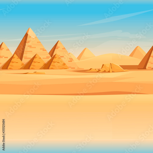 Giza Egyptian Pyramids desert landscape with sky flat vector illustration horizontal banner design