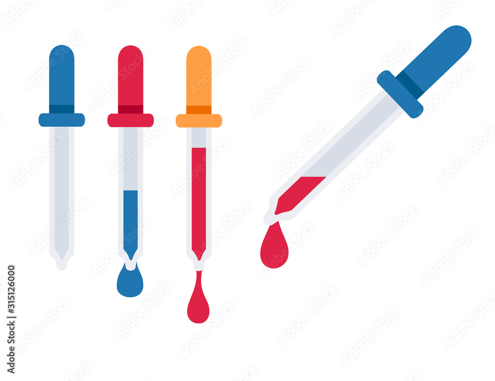 Pipettes with a drop fill and empty medical pipette flat vector illustration isolated on white background Pipettes with a drop fill and empty medical pipette flat vector illustration isolated on white background