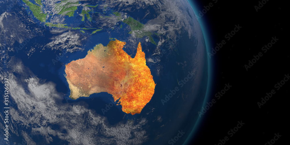 Australia wildfire crisis. Map of australia fires. 3D Rendering - obrazy, fototapety, plakaty 