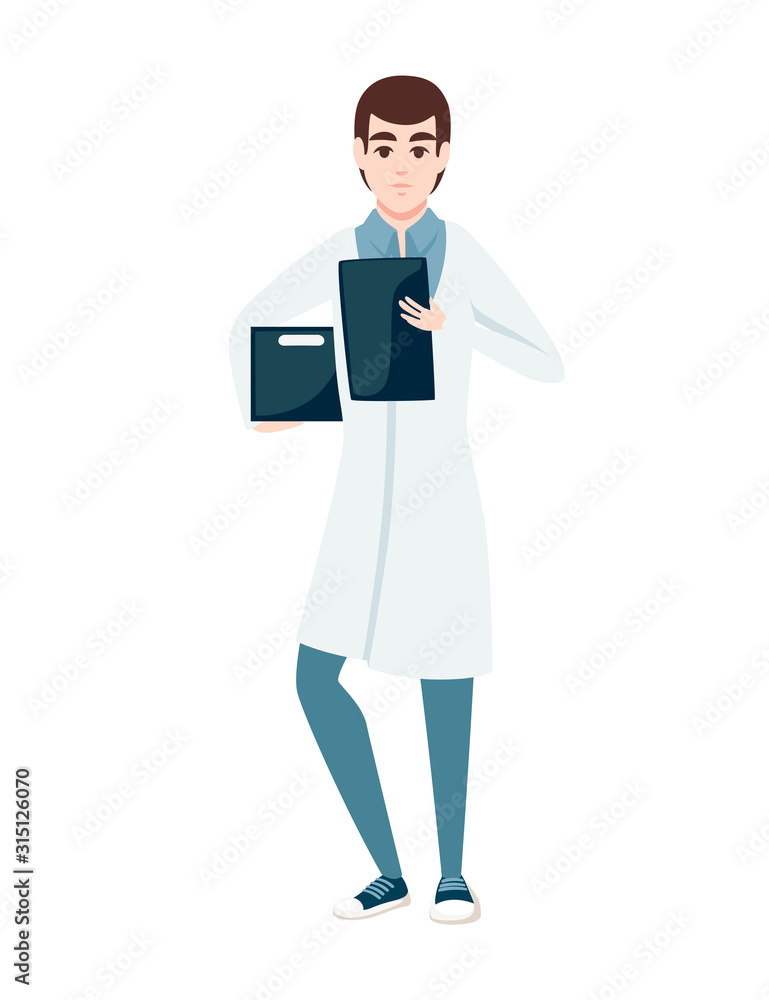 Man in white coat holding box and checklist or notepad cartoon character design flat vector illustration isolated on white background Man in white coat holding box and checklist or notepad cartoon character design flat vector illustration isolated on white background