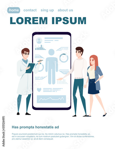 Mobile medicine application with health monitoring and infographics black smartphone and gray icons on display flat vector illustration website design