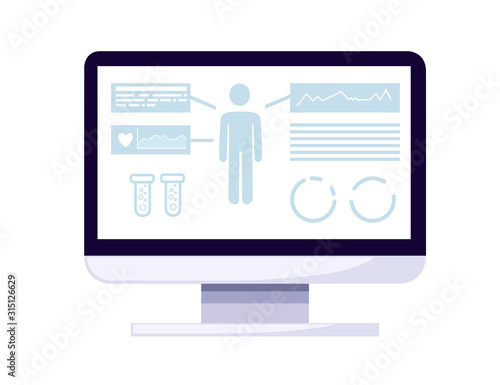 PC medicine application with health monitoring and infographics white monitor and gray icons on display flat vector illustration