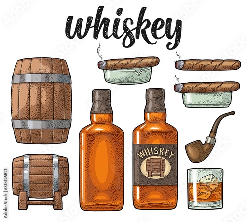 Whiskey glass with ice cubes, barrel, bottle and cigar.