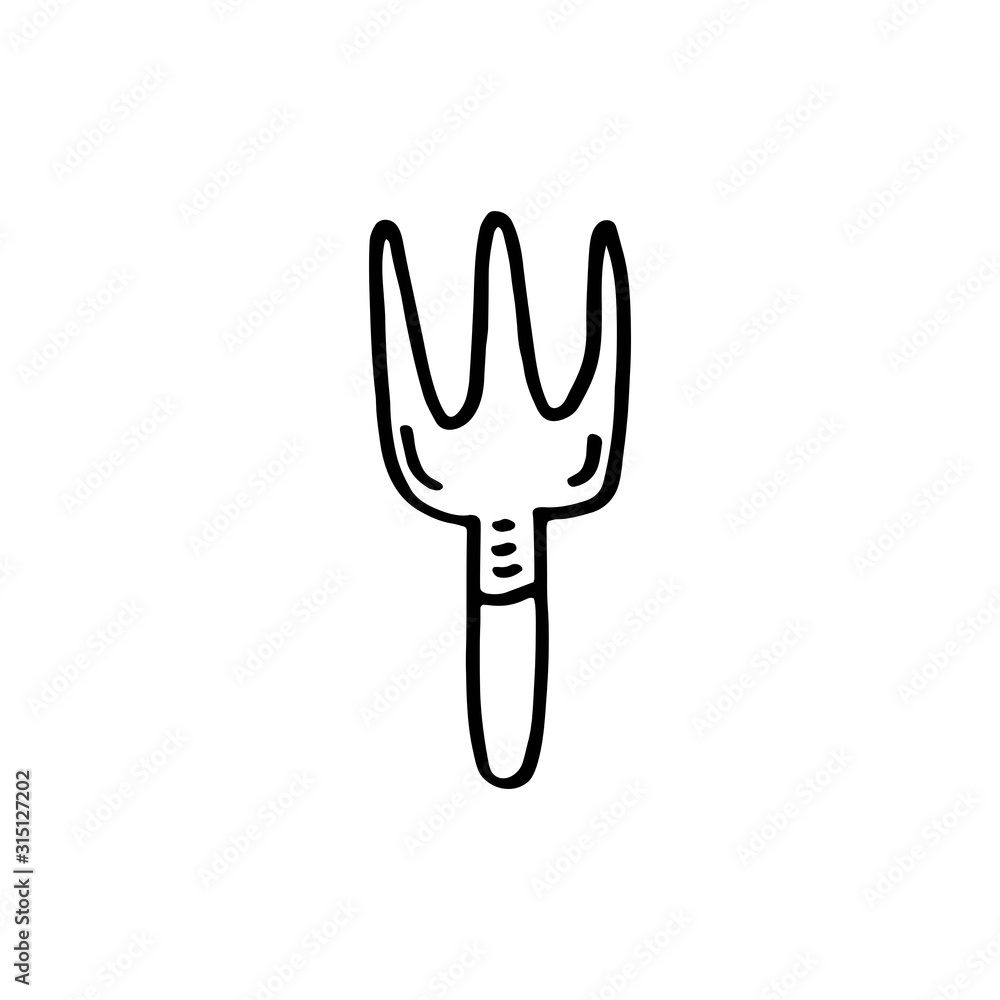 Small garden pitchfork vector doodle line art illustration, sticker, icon. Isolated on white background. Easy to change color. Design element. Gardening, eco food, vegetarian, vegan. Home garden. Small garden pitchfork vector doodle line art illustration, sticker, icon. Isolated on white background. Easy to change color. Design element. Gardening, eco food, vegetarian, vegan. Home garden.