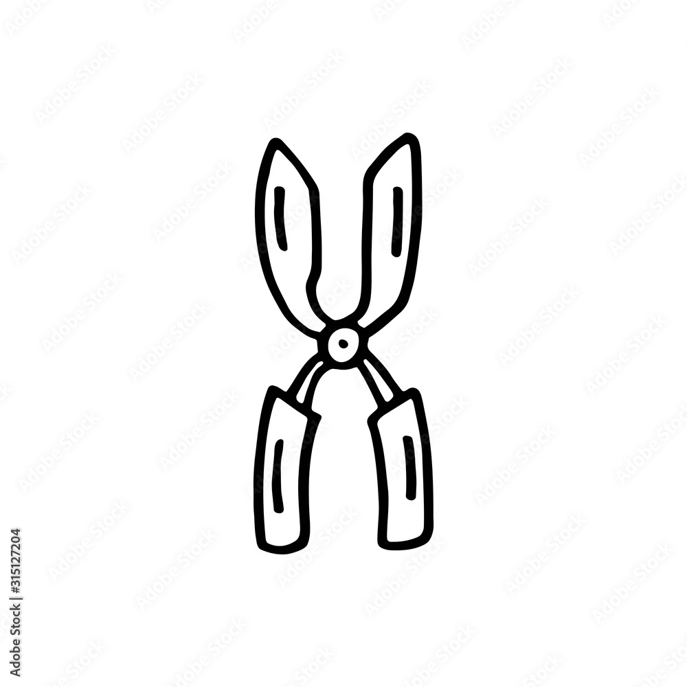 Small secateurs pitchfork vector doodle line art illustration, sticker, icon. Isolated on white background. Easy to change color. Design element. Gardening, eco food, vegetarian, vegan. Home garden. Small secateurs pitchfork vector doodle line art illustration, sticker, icon. Isolated on white background. Easy to change color. Design element. Gardening, eco food, vegetarian, vegan. Home garden.
