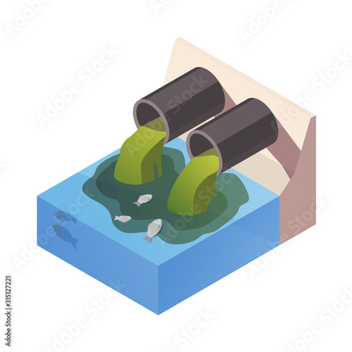 Dirty Water drain from the pipe polution the river, ocean. Water pollution concept. The danger for the environment. Flat 3d isometric illustration.