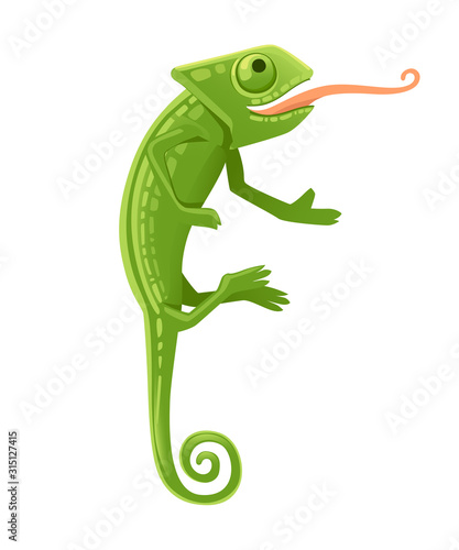 Cute small green chameleon with open mouth and long tongue lizard cartoon animal design flat vector illustration isolated on white background