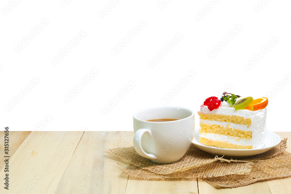 Slice cake with coffee cup on wood , white background